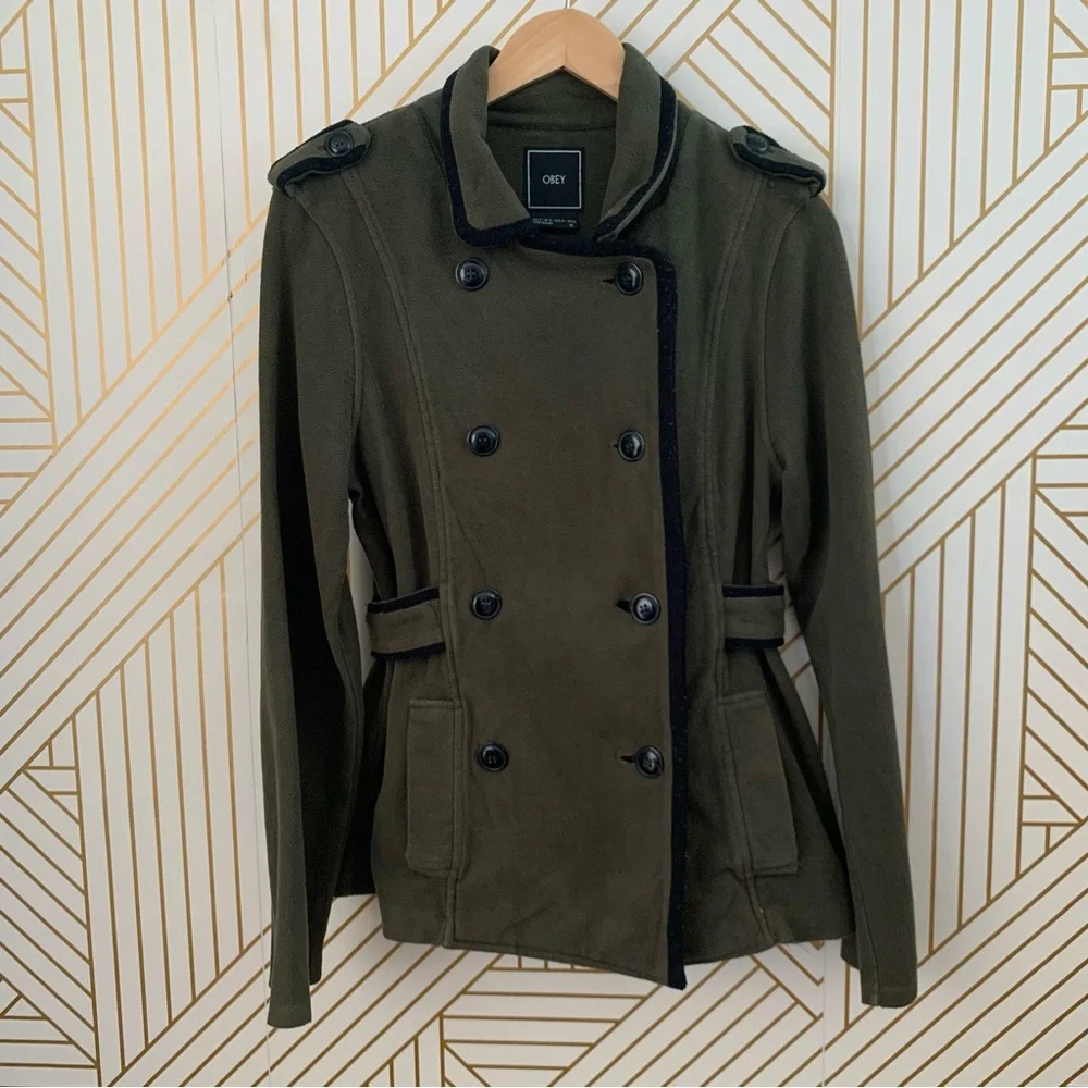Obey cotton blend Utility military inspired double breasted green black Jacket 8 - Picture 9 of 9